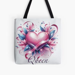 A white tote bag with a pink heart and the word “Queen”